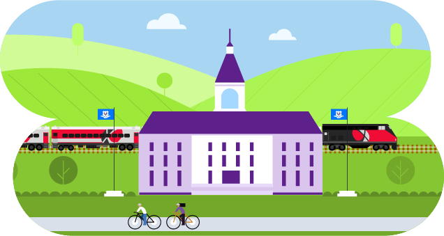 Illustration of a university in front of a train running on a track