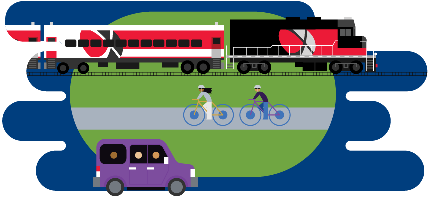 Greener commute options illustrations Train Public Transit Bike Carpool
