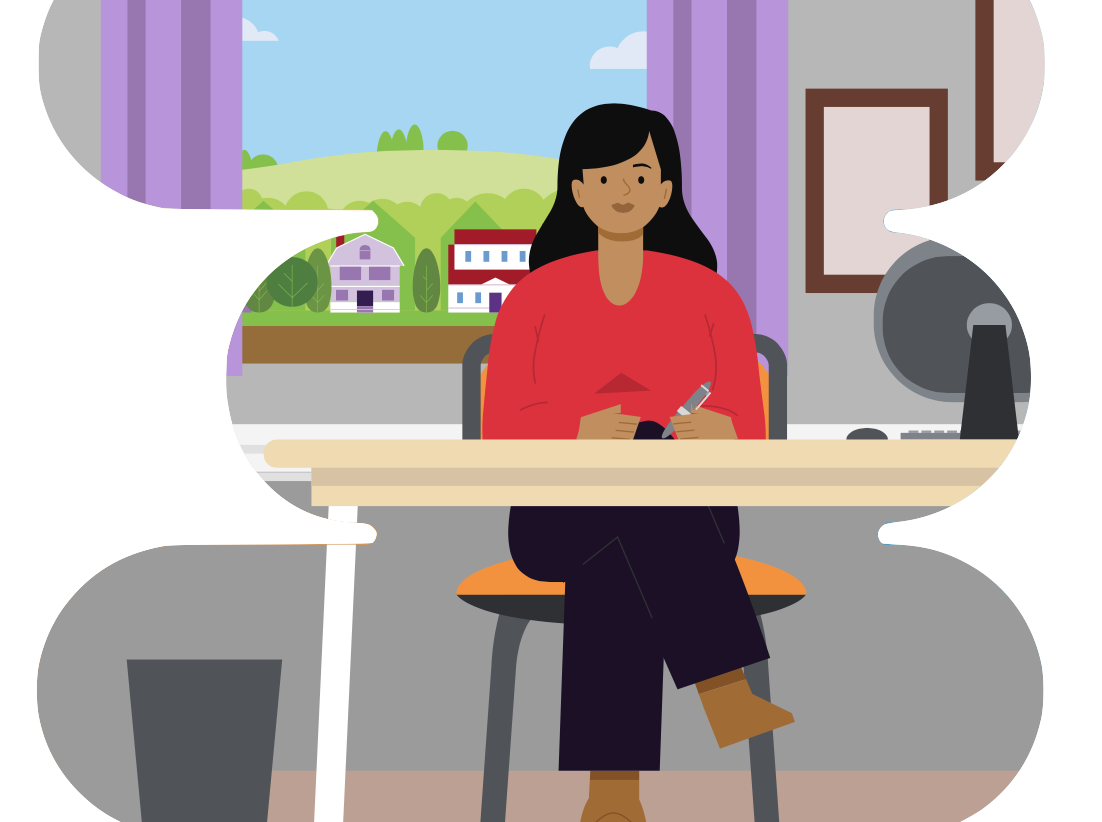 Woman working from home illustration. Telework greener commute